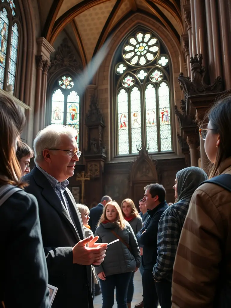 A photograph of a guided tour group exploring the interior of the Saint-Martin church, with the guide pointing out significant historical and artistic features.