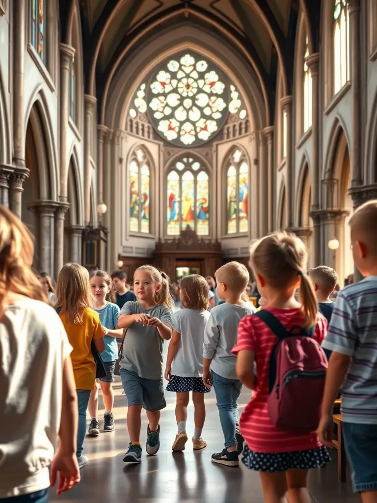 A vibrant image of children participating in an educational workshop about the history and architecture of the Saint-Martin church, led by a knowledgeable guide.