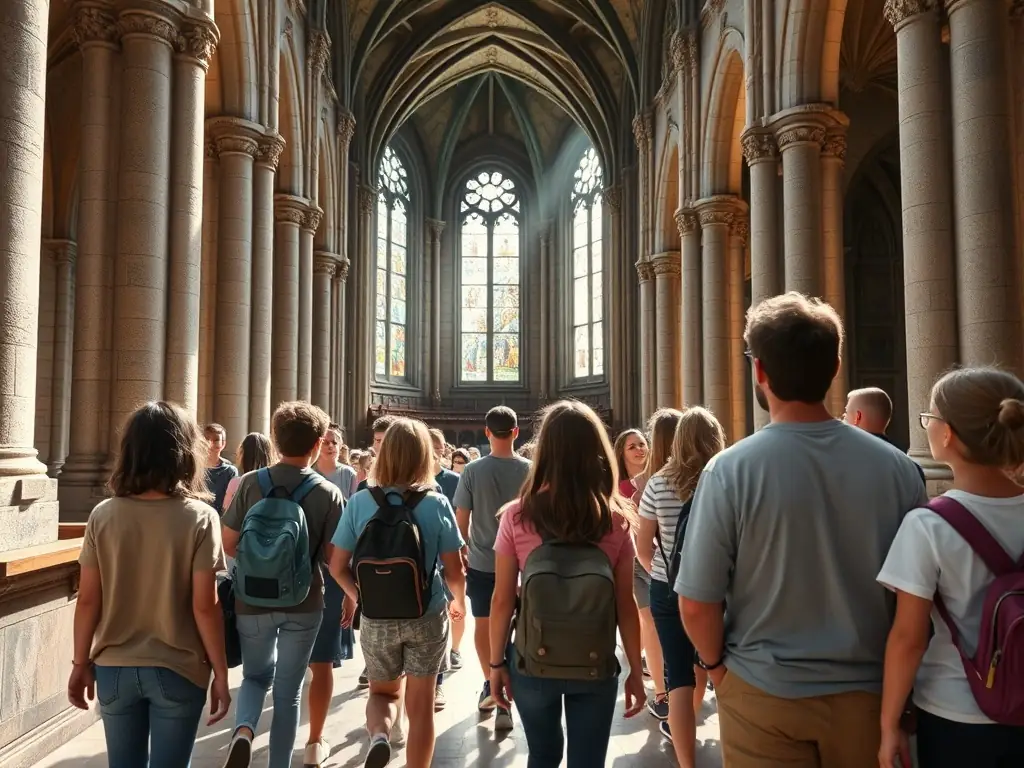 A photograph capturing children participating in a guided tour of the Saint-Martin church, led by a knowledgeable member of AMIS PATRIM AINAY VIEIL EGL ST MARTIN, emphasizing the educational aspect of heritage preservation.