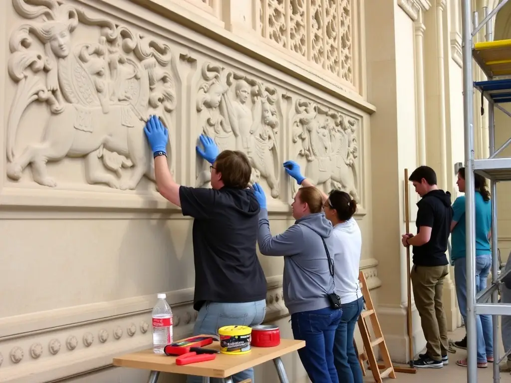 A photograph depicting volunteers working on the restoration of a section of the Saint-Martin church's exterior stone wall, showcasing the meticulous work involved in preserving the historical structure.
